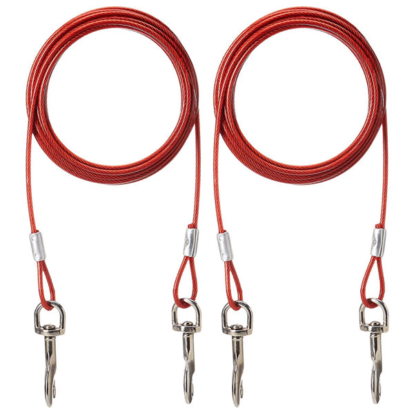 The Hartz 2 Pack 20ft Vinyl Coated Tie Out Cable for Dogs Up To 100lbs includes two weather-resistant red cables with metal clips, coiled side by side. Perfect for safely securing pets outdoors.
